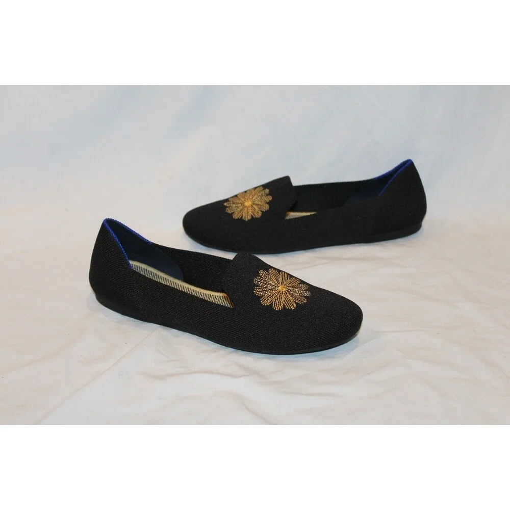 Rothy’s Limited Edition Holiday Golden Sunburst Loafer Flats Black Gold Size 7.5